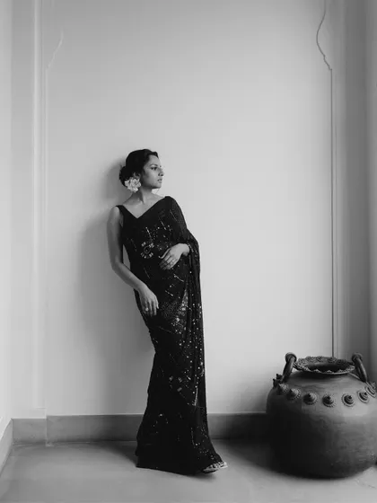 A classic black and white portrait of Priyanka, her pose elegant and timeless, styled by my mother's team at Bridelan.