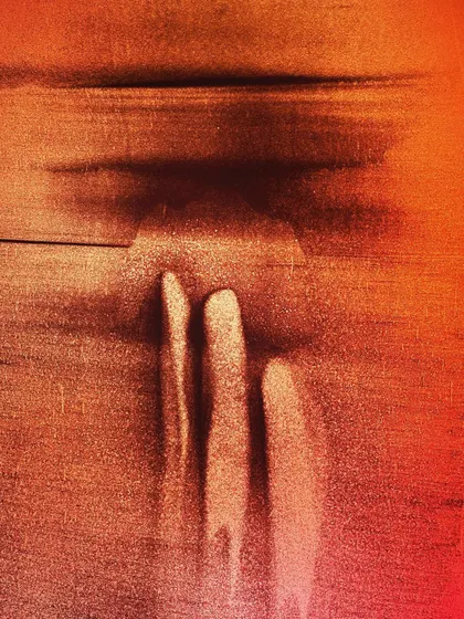 Titled 'Three Left', this abstract sand painting evokes a sense of mystery. The three fading forms against a textured background are open to interpretation.