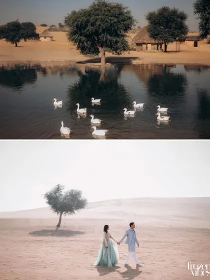 A diptych showing two beautiful scenes from the Khimsar dunes. The top image features geese in an oasis, while the bottom shows the couple walking through the misty, ethereal landscape.