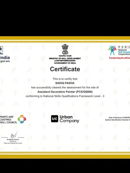 You are hiring a qualified professional. This is my certificate as an Assistant Decorative Painter, recognized by Skill India and the Government of India. This certification is your assurance that I have the proven skills for high-quality decorative painting and professional conduct.