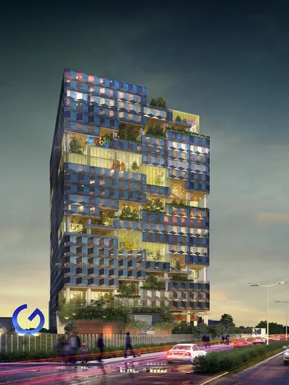 Renderings of the Urban Ladder office tower in Hyderabad, a concept for a new-age workplace with a dynamic facade and a large, green public amphitheater.