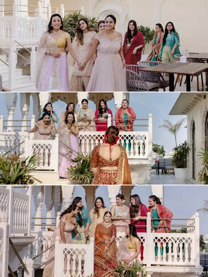 The bride's first look reveal to her bridesmaids, capturing their joyful and surprised reactions.