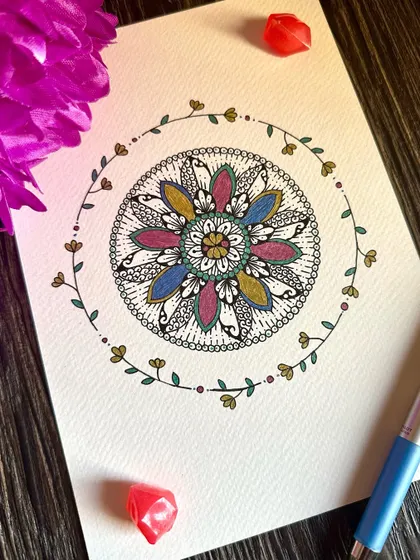 With patience, you heal, you grow, and you shine. A delicate floral mandala with a simple, charming border. The colors are soft and gentle, perfect for a quiet moment of reflection.