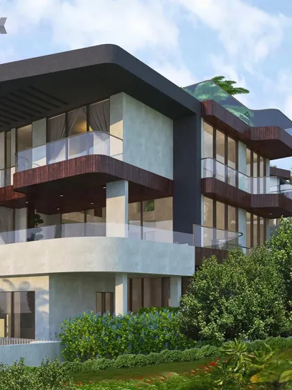 Another perspective of a villa at Evara. The design features cantilevered roofs and glass-railed balconies, maximizing views and creating a dynamic architectural form.