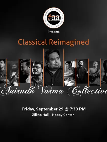 A promotional flyer for our "Classical Reimagined" concert with the Anirudh Varma Collective in Houston. We presented a unique perspective on Indian Classical Music with a 9-musician ensemble.