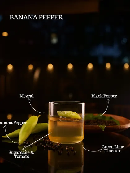 The Banana Pepper cocktail, an inventive mix of mezcal, banana pepper, sugarcane, tomato, and green lime tincture. A sweet, spicy, and savory delight.