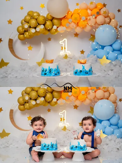 A "Twinkle Twinkle Little Star" themed cake smash for one-year-old twins. We love creating coordinated setups that celebrate their special bond.