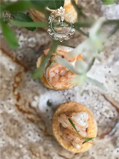 An artful top-down view of my Prawn Vol-au-vents. This shot highlights the perfectly cooked prawn nestled in a buttery, flaky pastry shell.