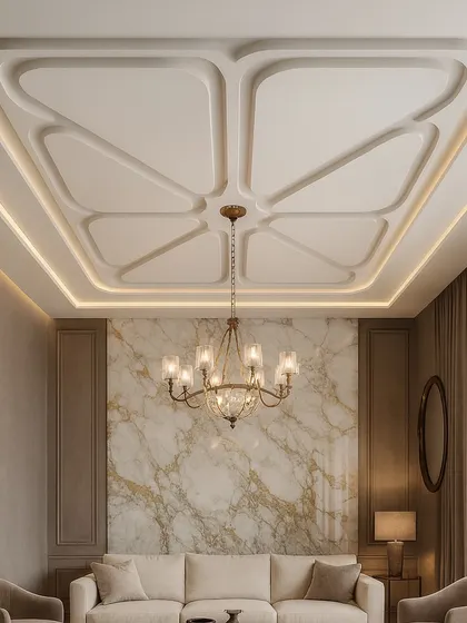 A classic coffered gypsum ceiling design with a modern twist. The clean lines and perimeter lighting provide a sense of order and height, complementing the luxurious feel of the room.