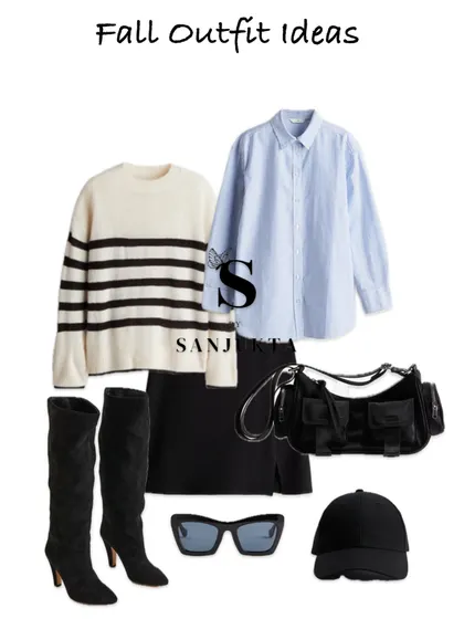 Here is one of my go-to fall outfit ideas. Layering a crisp blue shirt under a striped knit sweater gives a preppy and polished feel, while the knee-high boots and baseball cap keep it modern and cool.