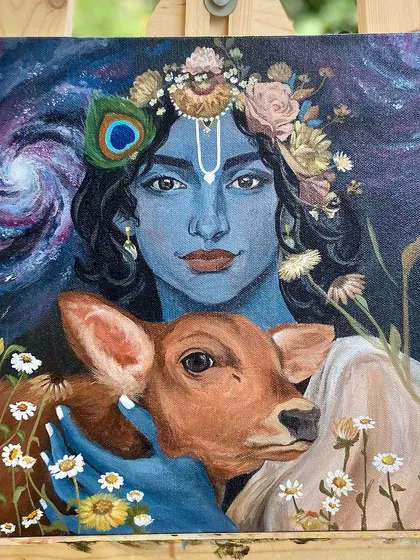 A full view of my Krishna painting, showing him holding a calf against a cosmic background. This piece is about his connection to all living beings and the universe itself.