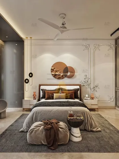 Grace in every detail, luxury in every layer. This bedroom combines neo-classical wall molding with modern metallic art and pendant lights, creating a sophisticated and contemporary look.