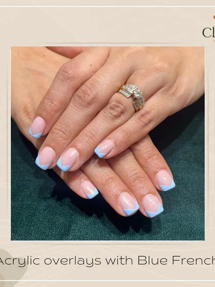 This cute baby blue French manicure is the vibe of the season. Done on acrylic overlays, it's a soft and chic look perfect for any occasion.