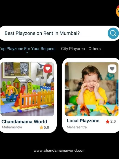 This graphic is a playful take on search results, showing Chandamama World as the 5-star choice for the "best playzone on rent in Mumbai" compared to a 2-star local playzone. I guarantee quality and fun.