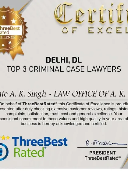 I am pleased to share this Certificate of Excellence for 2024, recognizing my practice as one of the top three for criminal cases in Delhi.