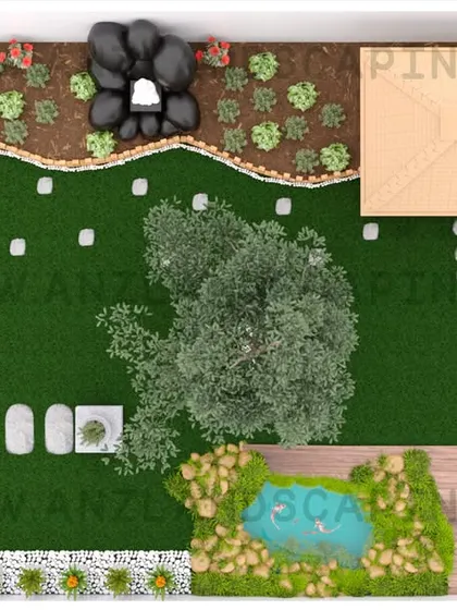 A complete 2D layout design, which serves as the master plan for the entire landscaping project, detailing every single element and its precise location.