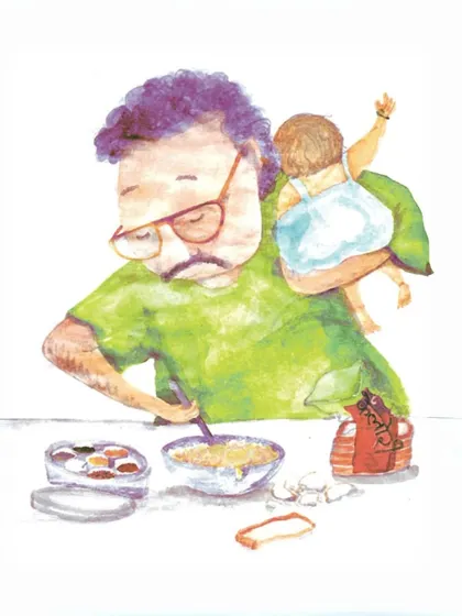 An illustration depicting a father's love language: preparing half-boiled eggs for his child.
