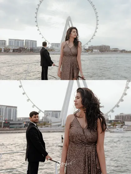 A creative portrait with the Ain Dubai Ferris wheel in the background, capturing the modern and glamorous side of the city.