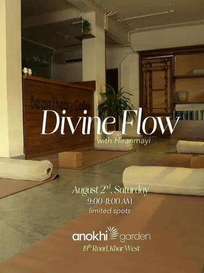 The serene setup for our Divine Flow workshop. Yoga mats and bolsters are laid out, ready to welcome participants for a morning of movement and mantra.