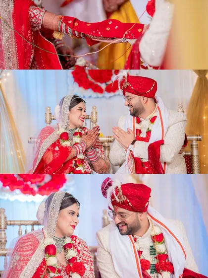 Candid moments from a Gujarati wedding ceremony, capturing the couple's smiles and the traditional 'hasta melap' ritual.