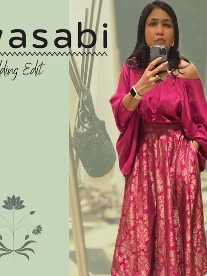 Turn heads this wedding season in our effortlessly elegant lehenga skirt paired with a luxurious drop-shoulder silk top. This look is perfect for sangeets or cocktail nights, offering chic minimalism with a touch of glamour.