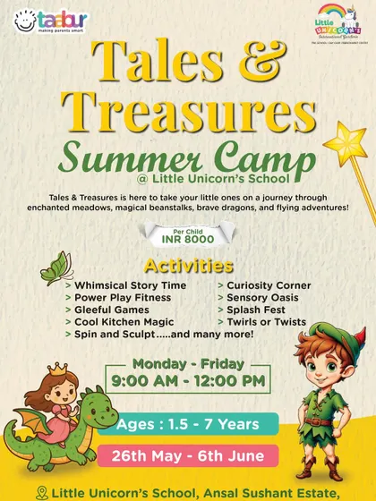 The "Tales & Treasures" Summer Camp at Little Unicorn's School, where every story is a new adventure. This camp includes story time, fitness, kitchen magic, and sensory play for kids aged 1.5-7.