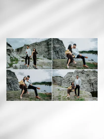 A four-image collage showing the couple posing playfully with chairs by a quarry lake, showcasing a creative and unique pre-wedding shoot concept.