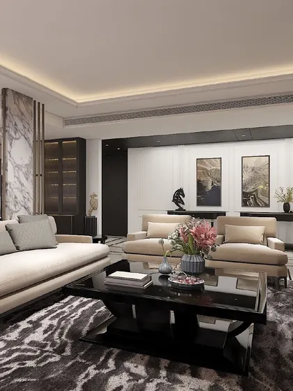 This 3D render highlights the open and airy feel of the living space, with neutral-colored sofas and a striking animal-print rug.