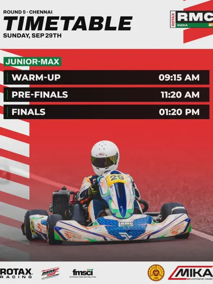 The race day timetable for the Junior Max class at the final round in Chennai.
