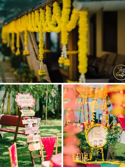 More details from a fun-filled Haldi, showing the custom signage and colorful decor elements.