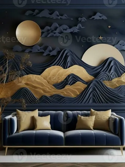A luxurious design concept featuring abstract 3D mountains in navy and gold. This style is perfect for a sophisticated, modern living room or office.