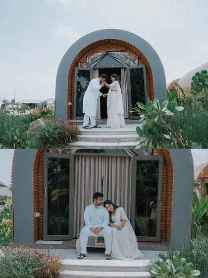 A collage showing the couple's romantic moments at their unique Haldi venue.
