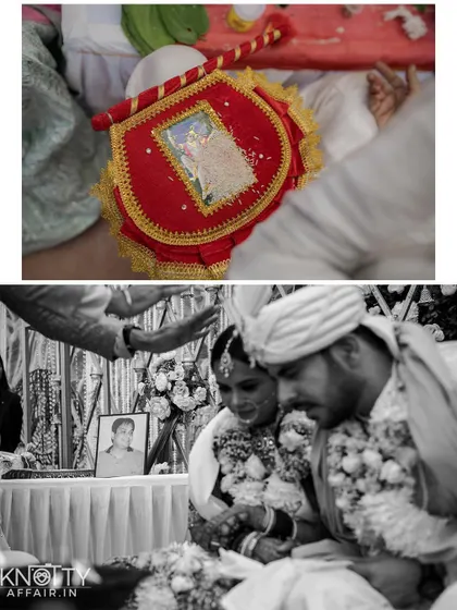 An emotional black and white shot of the couple during the ceremony, with a portrait of a loved one present. We are sensitive to capturing these deeply personal and sentimental details.