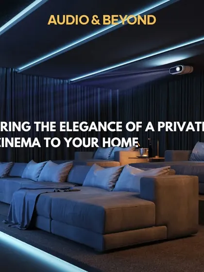 Bring the elegance of a private cinema right into your home. This concept showcases a sleek, modern design with plush, multi-level sofa seating, dramatic backlighting, and a ceiling-mounted projector for an uncluttered, luxurious feel.