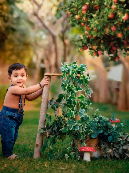 An apple orchard adventure. This little one is exploring nature during our golden hour outdoor session, creating a beautiful, storybook feel.