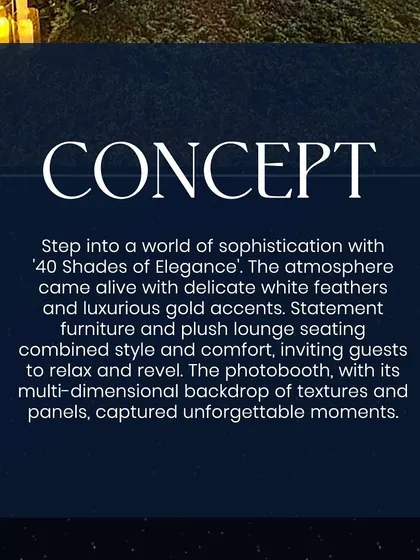 A summary of the '40 Shades of Elegance' concept, detailing the use of white feathers, gold accents, and plush lounge seating. This shows how I translate a concept into a tangible, luxurious atmosphere.