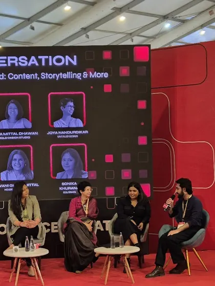 Our founder, Joya Nandurikar, speaking at the FOAID 2024 design festival. She discussed the power of narrative and strategy in building a design brand, sharing our story with the wider design community.