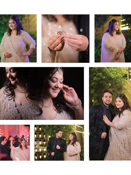 A beautiful collage summarizing an engagement celebration, featuring couple portraits, solo shots of the bride, the ring exchange, and candid dance moments.