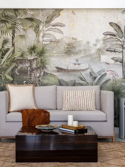 A closer look at the Ranthambore wallpaper, where leopards and flamingos hide amongst lush foliage. The design is a tribute to the rich heritage of Rajasthan, bringing the wild beauty of its forests indoors.