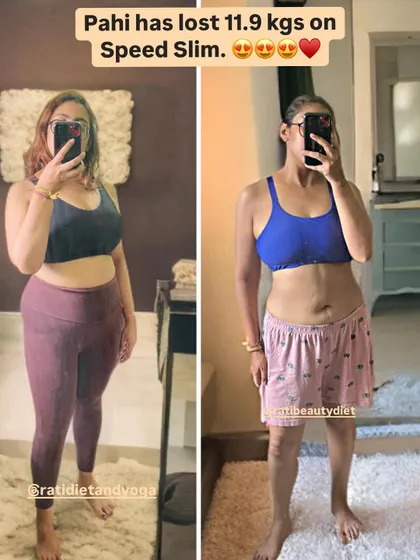Pahi's incredible 11.9 kg weight loss journey with Speed Slim. Her selfie shows a dramatic change in her physique and confidence.