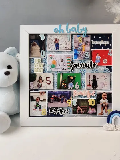 Our baby record photo frame is a perfect way to display your baby's monthly milestone pictures. This one is styled with a cute teddy bear and a rainbow macrame.
