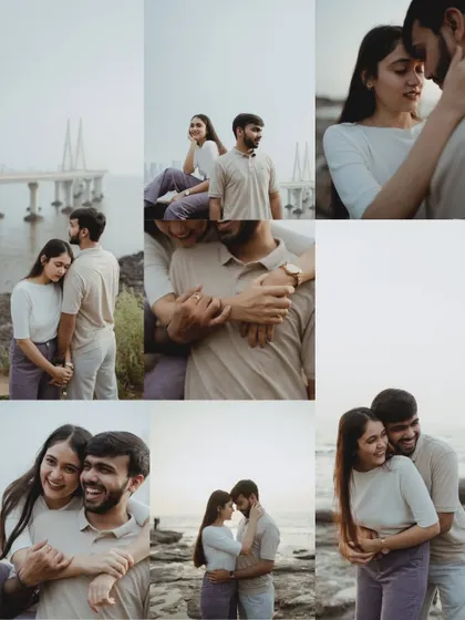 A collection of photos from a Mumbai seaside shoot. The iconic Bandra-Worli Sea Link in the background roots the story in the city, while the couple's interactions remain the focus.