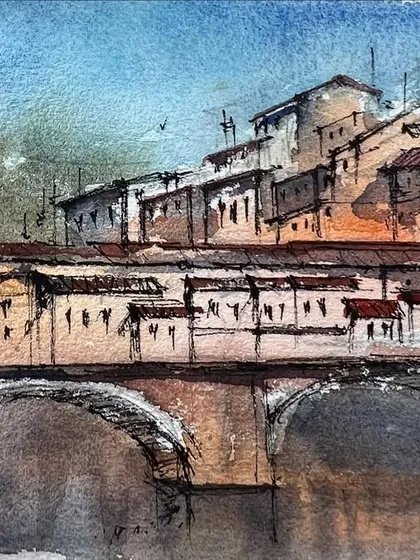 A small watercolor sketch of the Ponte Vecchio, which served as a study for a larger painting. Sketching helps me capture memories from my trips and plan out future artworks.