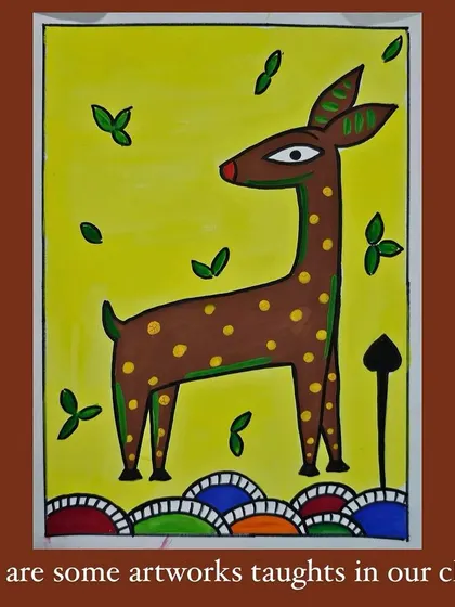 This painting of a deer is inspired by the work of Jamini Roy, an Indian painter who blended traditional folk art with Western styles.