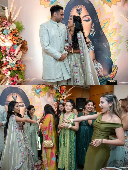 A collage showing the couple's portrait and the fun dance moments with friends at the Mehendi.