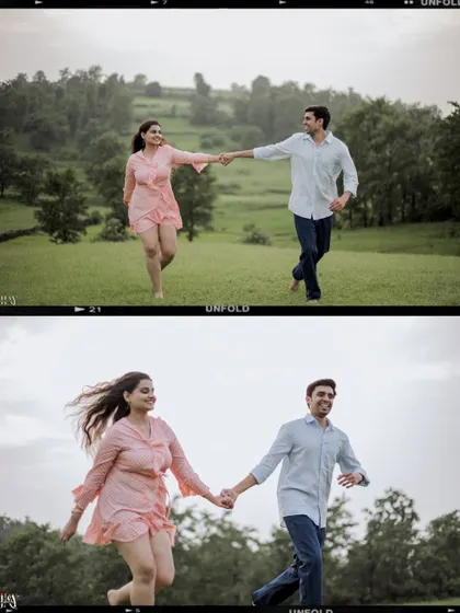 A diptych capturing the couple running happily through the meadow, full of energy and life.