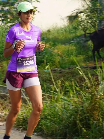 Running through the beautiful trails during the Beyond 42.195 relay. The scenery was a great distraction from the challenging run.