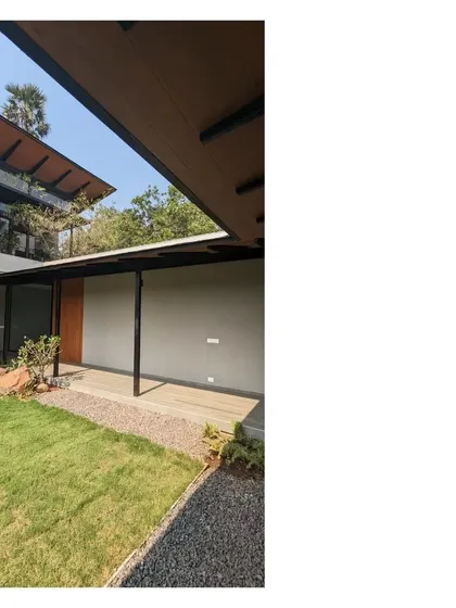 An experiment in country homes in Alibaug. This villa features a one room thick plan framing a courtyard, with a lofty roof to let heat escape. It is a backdrop for life, meant to take on the personality of its users.