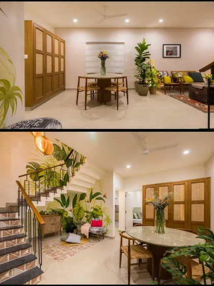 A collage from a publication, showing the harmonious flow between the staircase, dining, and living areas.