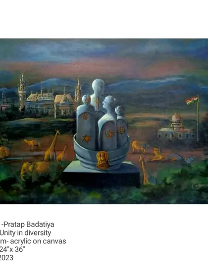 Another interpretation of 'Unity in diversity,' this 24 by 36-inch acrylic on canvas shows a central monument of unified figures surrounded by animals and architecture from different parts of India. It is a symbolic representation of national identity.